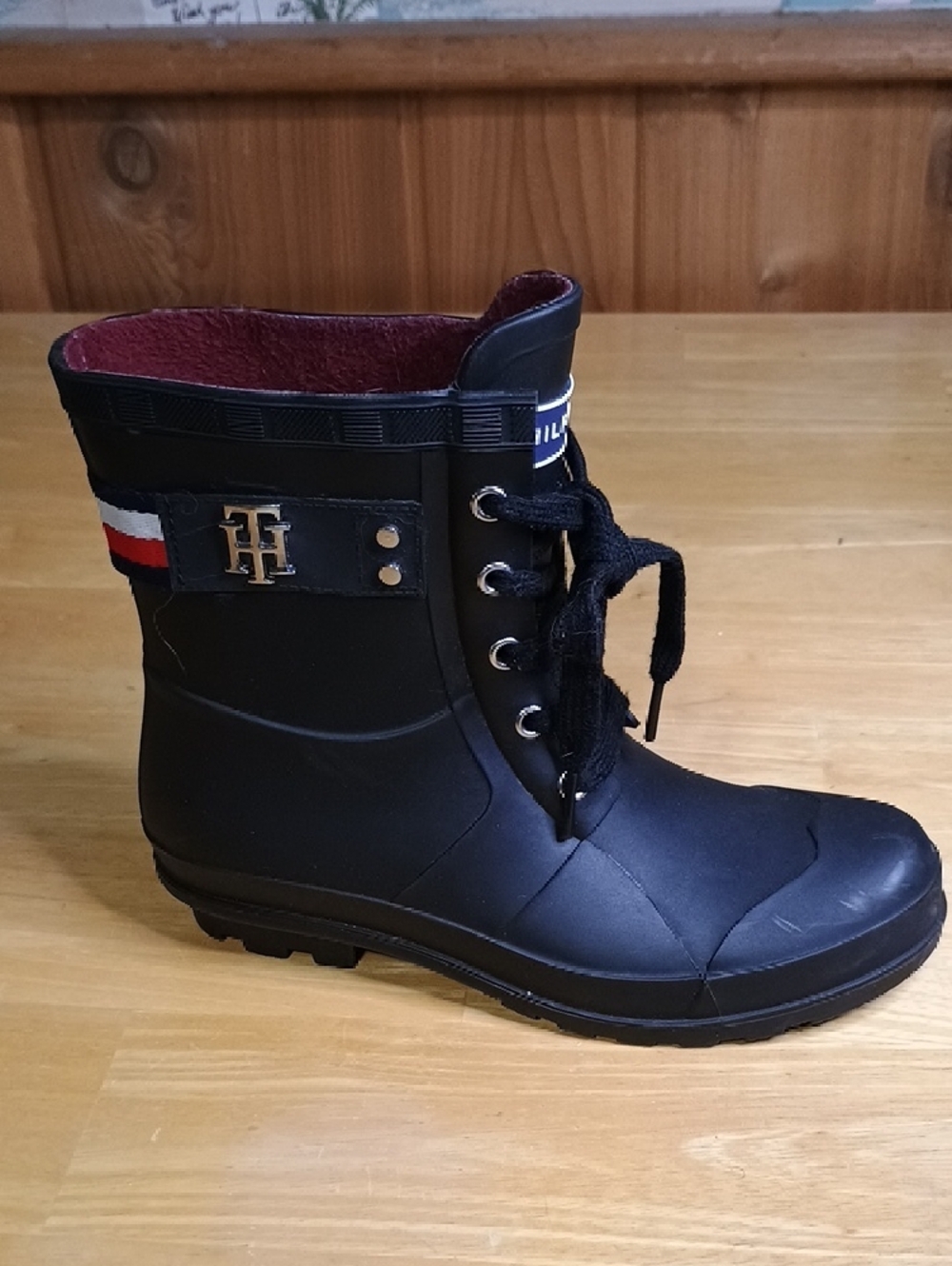 Tommy Hilfiger Black Lace-Up Mid-Calf Rain Boots with Flag Stripe - Picture 2 of 8
